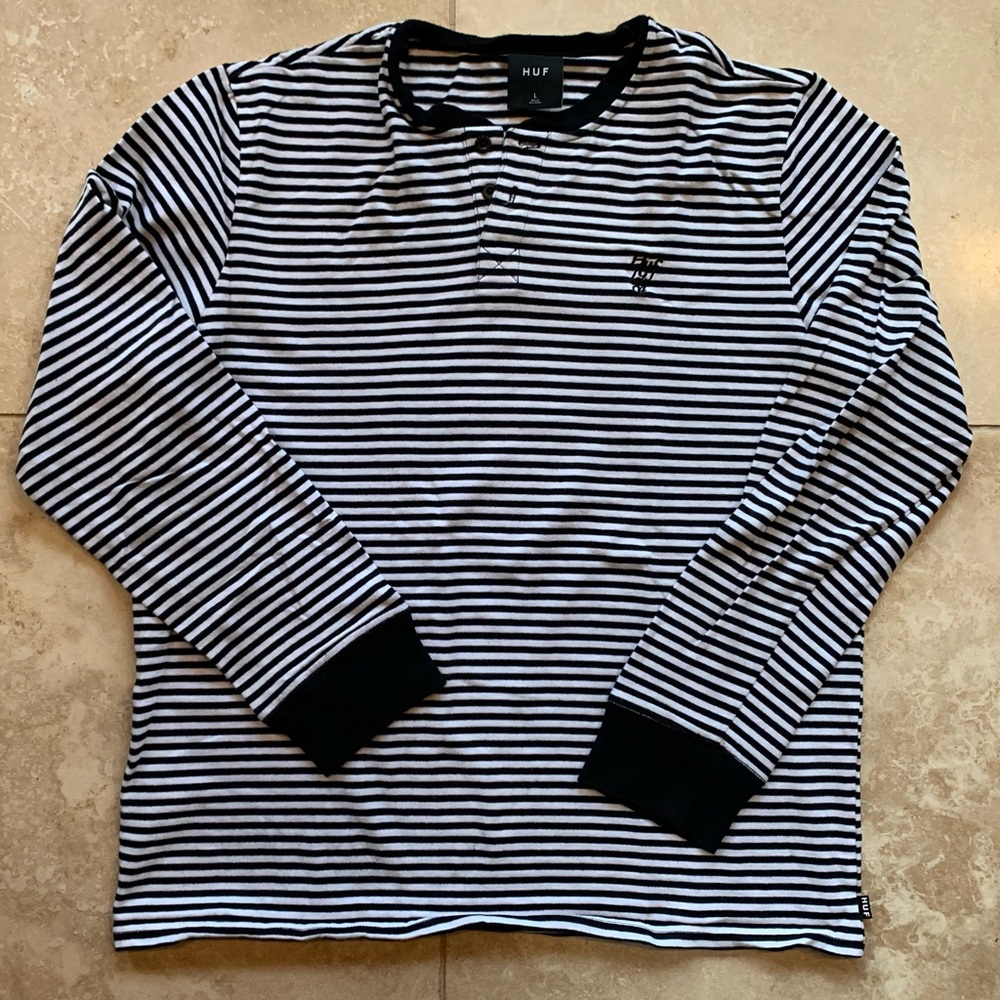 HUF black and white striped long sleeve henley size Large